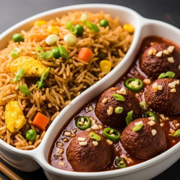 Indian fried rice with vegetables and meatballs in a rich sauce, garnished with green onions and chilies.