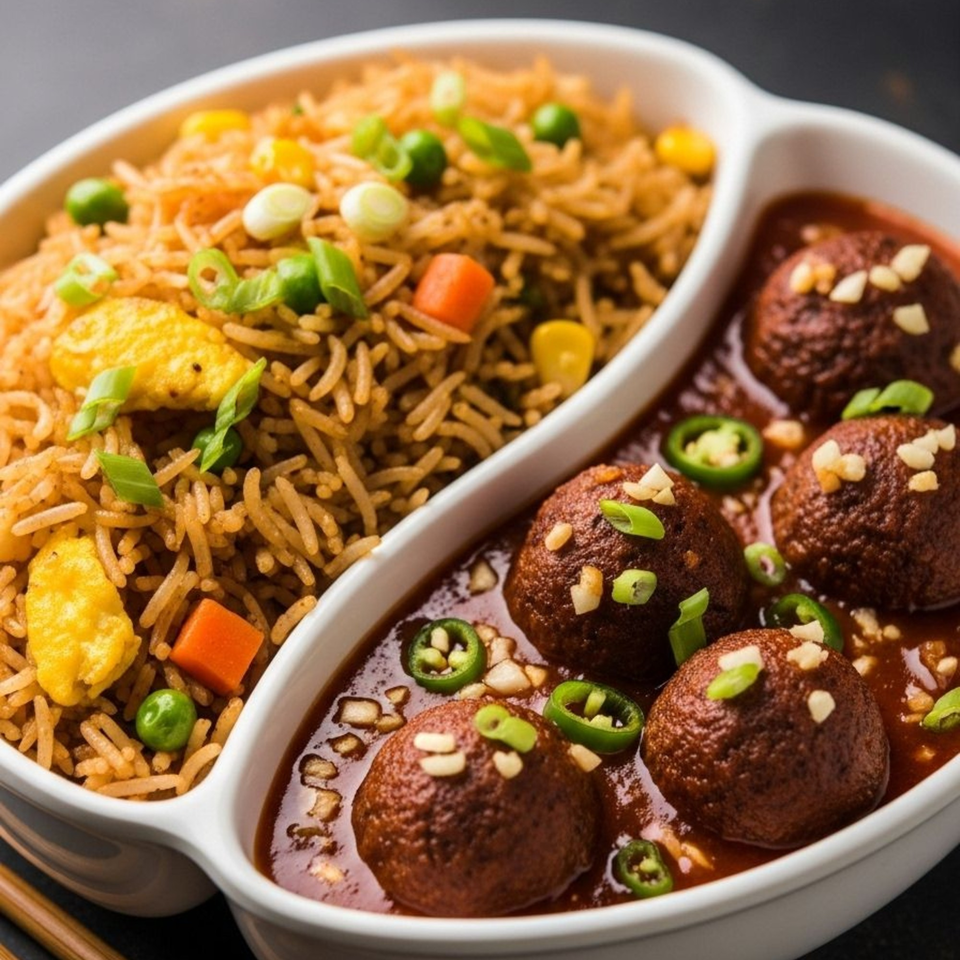 Indian fried rice with vegetables and meatballs in a rich sauce, garnished with green onions and chilies.