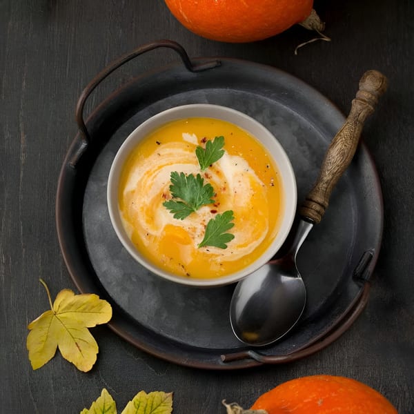 Elysian Curry's pumpkin soup with cream swirl and parsley, served on a dark tray.