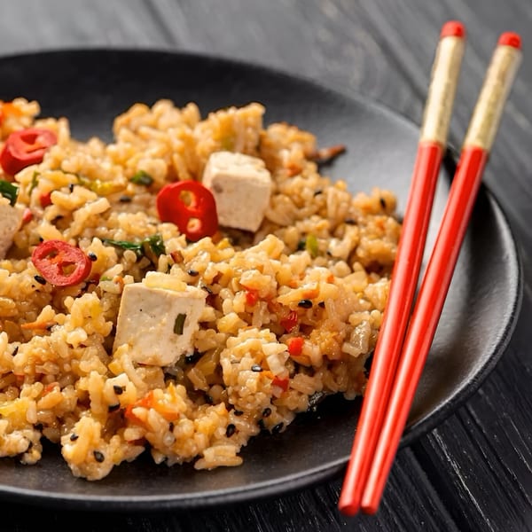 Indian fried rice with tofu, red chilies, and black sesame seeds, served with red chopsticks.
