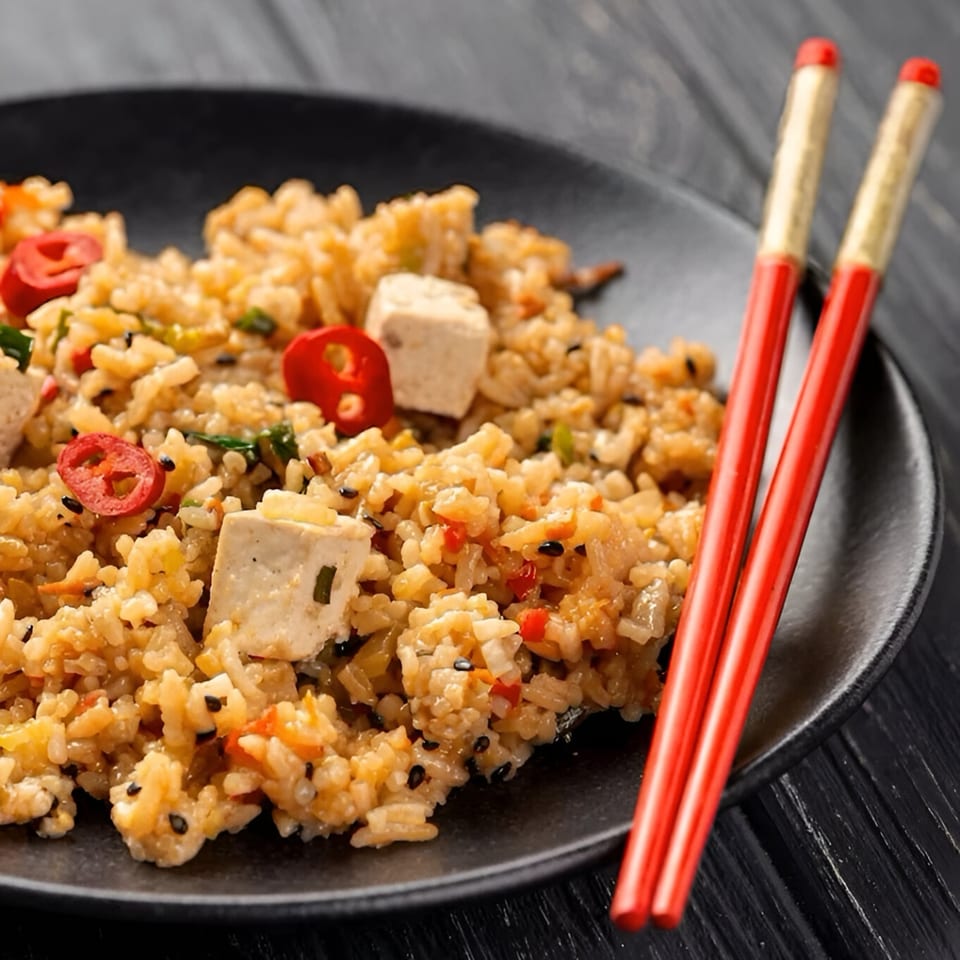Indian fried rice with tofu, red chilies, and black sesame seeds, served with red chopsticks.