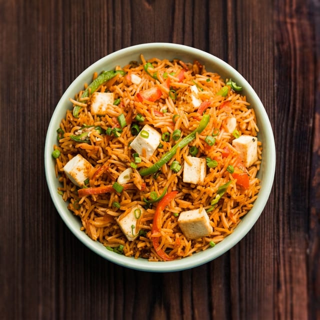 Schezwan Rice Paneer Chilli Gravy.